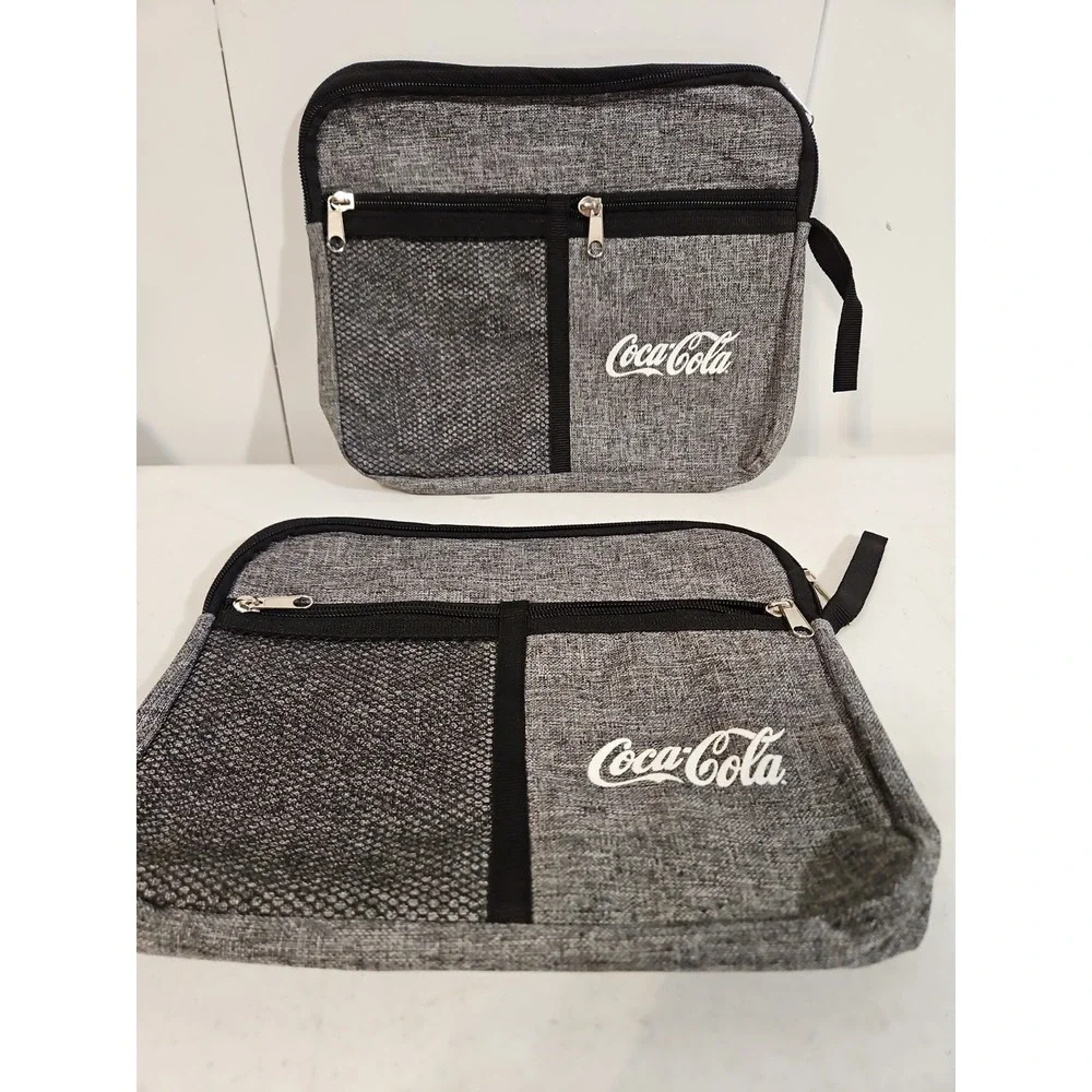 Two Coca Cola Grey Zippered Bag Organizer For Pencils Purse Makeup Travel New